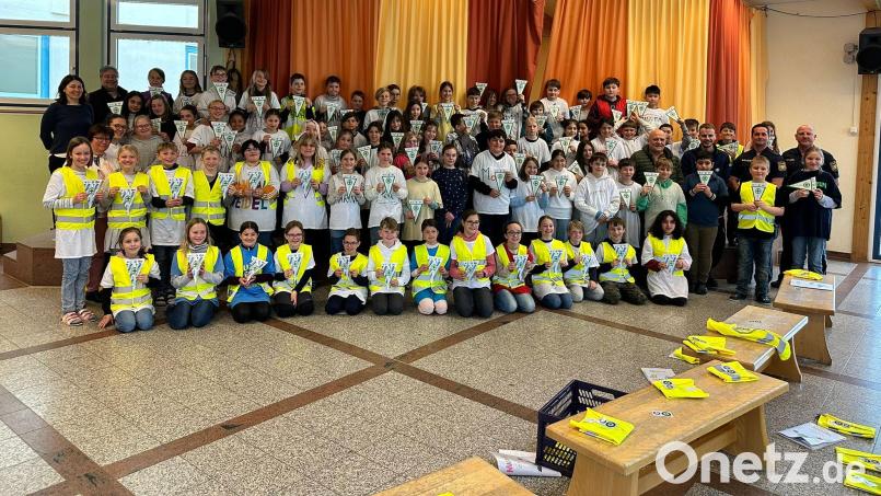 Nach der Wimpelübergabe an der Dr.-Heinrich-Stromer-Grundschule Auerbach gibt es nur zufriedene Gesichter. Bild: Sandra Weber/exb
