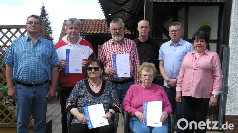 Langjährige Mitglieder wurden in der Jahreshauptversammlung des VdK Pullenreuth mit Urkunden und Ehrennadeln belohnt. Im Bild (stehend von links) Vorsitzender Thomas Hacker, Ralf Scharf, Bernhard Bienert, Kreisgeschäftsführer Thomas Döhler, stellvertretender Vorsitzender Alfred Mildner und Pullenreuths Zweite Bürgermeisterin Christa Bayer sowie (sitzend, von links) Anita Schaller und Therese Rosenberger. Bild: öt
