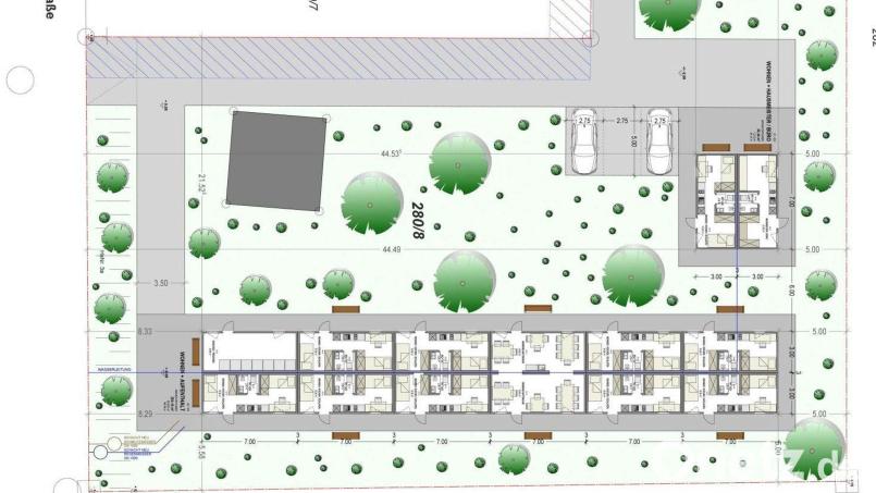 In einer Doppelreihe (unten) sollen auf einem Grundstück in der Nähe des Wasserturms die Wohncontainer für 30 Asylbewerber angeordnet werden. Grafik: Architekturbüro Alexander Robl