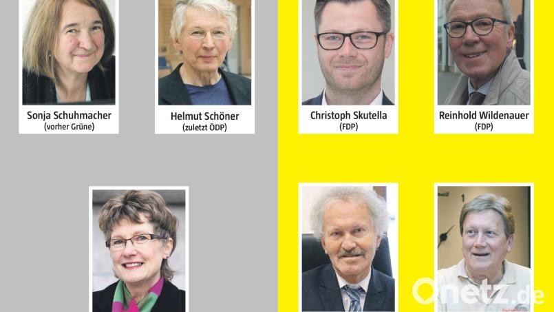 „Die Basis“ und „die Freien“ bilden künftig Fraktionen im Weidener Stadtrat. Eine knappe Mehrheit im Rathaus erkannte beiden Gruppen, die vorher als Ausschussgemeinschaften auftraten, den Status zu. Grafik: Meier; Bilder: gsb (3), wd, uz, htl, Korndoerfer