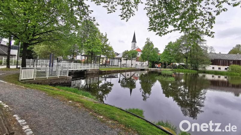 Die Pfarrkirche Schönsee spiegelt sich im idyllischen Keckenweiher. Auf diesen Anblick müssen die Bürger und auch die Gäste beim Seefest 2023 verzichten: Der Weiher wird zum Ausbaggern und für Arbeiten am Wehr abgelassen. Bild: Portner