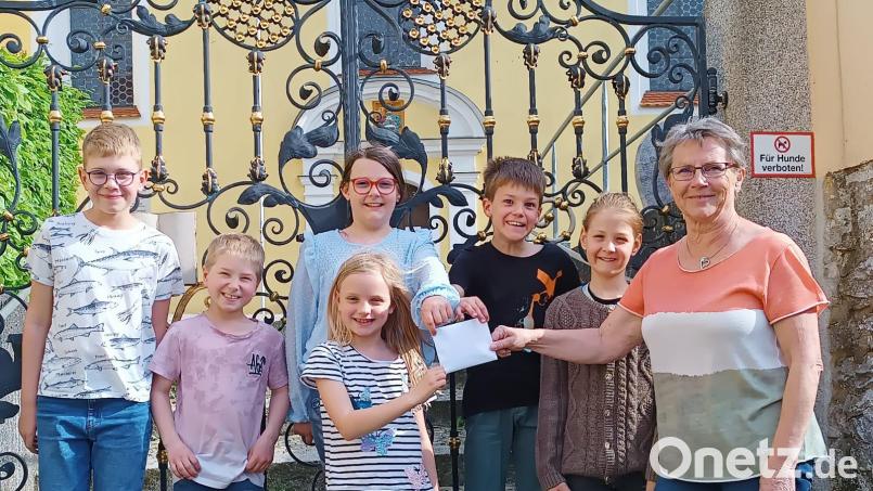 Bei der Spendenübergabe (von links): Paul Gress, Ben Auer, Victoria Beyerlein (vorn), Sophia Marie Birner, Tobias Horst, Noah Messer und Lydia Moosburger vom Kinder-Palliativteam Ostbayern. Bild: jow