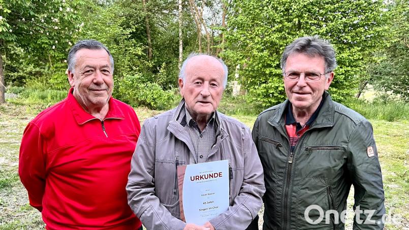 Für 65 Jahre Singen im Chor wurde Xaver Rosner (Mitte) ausgezeichnet. Für 10 Jahre aktives Singen gratulierte Vorsitzender Wolfgang Witt (rechts) Sangesbruder Edi Küsperth (links). Bild: nza