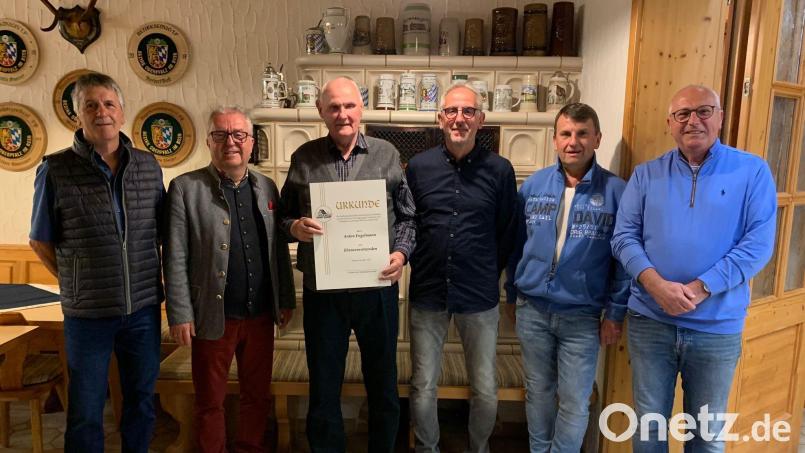 Hohe Auszeichnung bei der Siedlergemeinschaft Fichtenschacht-Schönhaid: Im Bild von links Kassier Jürgen Kühn, Bürgermeister Toni Dutz, Ehrenvorsitzender Anton Engelmann, Vorsitzender Gerhard Engelmann, Zweiter Vorsitzender Marko Süß, Schriftführer Walter Wildenauer. Bild: SG Fichtenschacht-Schönhaid/exb