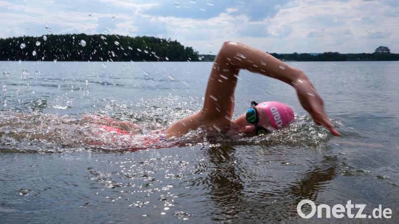 Simone Bayer beim Training im Steinberger See: Die 30-jährige Schwimmerin aus Tirschenreuth nimmt im Juli die Bodenseequerung in Angriff. Bild: Tobias Wagner