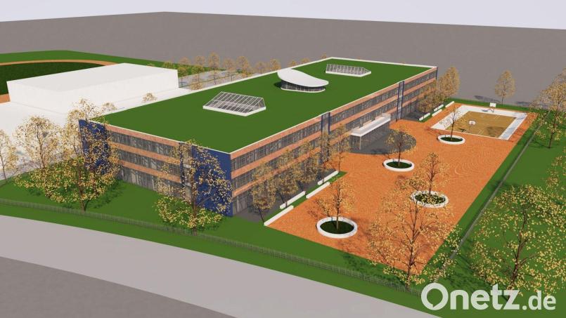 Die neue Realschule (links in Weiß die Sportstätten) nach einem früheren Entwurf der Obel-Architekten. Grafik: Obel-Architekten, Donauwörth