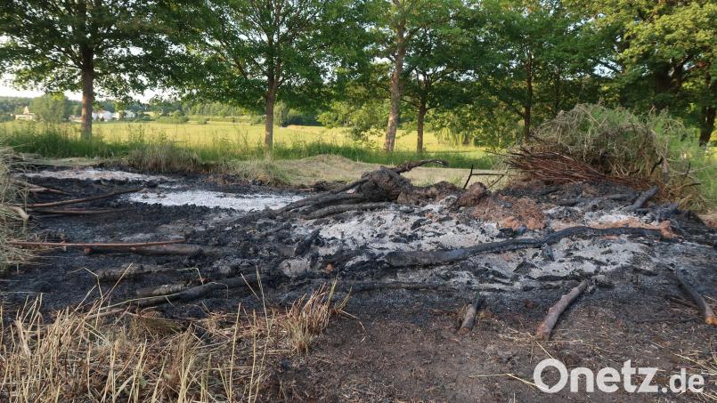 Vom vorbereiteten Johannisfeuer der KAB bei Tröglersricht ist nur noch ein Aschefleck übrig. Unbekannte haben den Holzhaufen angezündet. Die Polizei Weiden ermittelt. Bild: Burzer