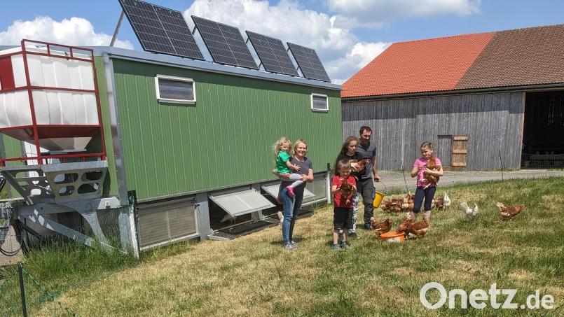 Daniela und Herbert Hirn mit den Kindern bei den Hühnern vor einem der mobilen Hühnerställe Bild: eib