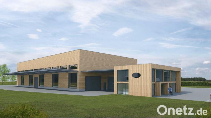 So soll die neue Produktionshalle (1200 Quadratmeter Produktionsfläche) für Modulhäuser der Firma Freiraum im Industriepark Ost in Sulzbach-Rosenberg aussehen. Im Vorfeld sind ein Bürogebäude und Parkplätze geplant. Bild: Florian Koller Ingenieure