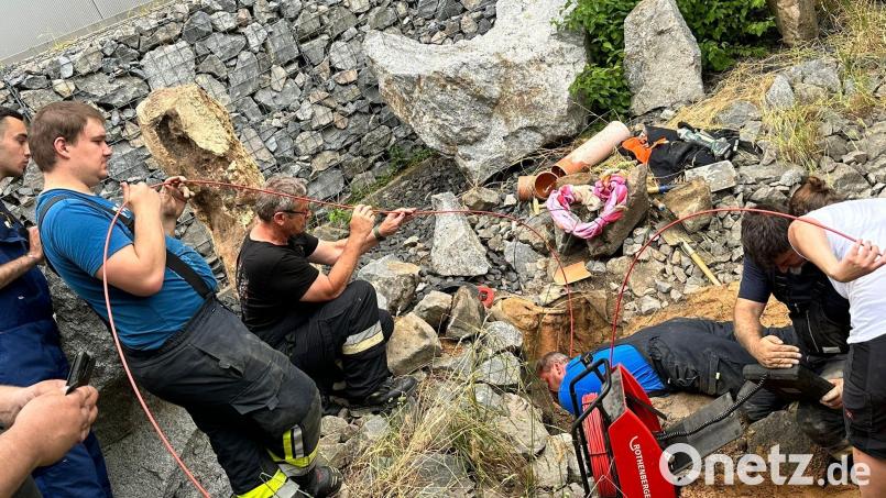 Nach rund drei Stunden Arbeit erreichte am Mittwoch ein Feuerwehrmann mit den Fingerspitzen endlich das erschöpfte und durchnässte Tier. Bild: FF Bergham /exb