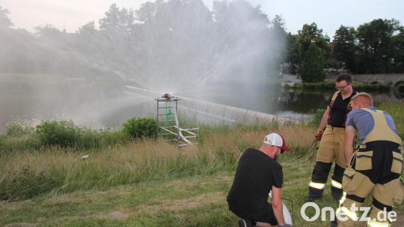 Die Feuerwehr Tirschenreuth kümmert sich wie schon 2019 darum, dass die Laser-Show für die tausenden Zuschauer zu sehen ist. 16 Aktive sind im Einsatz und sprühen drei Wasserwände als Projektionsfläche. Bild: kro