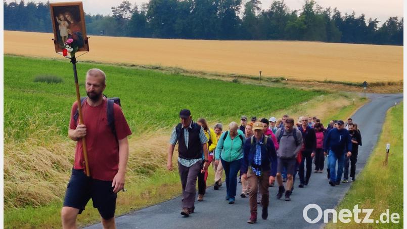 Die Weiherhammerer Fußpilger auf dem Weg zum heiligen Berg der Oberpfalz zwischen Kricklhof und Aschach. Bernhard Bogner trägt das Marienbild. Bild: bk