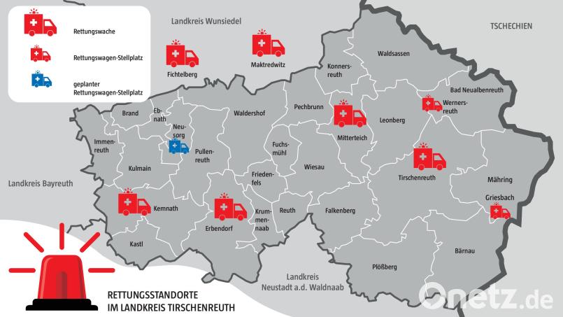 Die Karte zeigt die Rettungsstandorte im Landkreis Tirschenreuth. Zu den rund um die Uhr besetzten Rettungswachen sind weitere Standorte für Rettungswagen nötig. Grafik: Laura Fröhler, Oberpfalz-Medien/Quelle: Zweckverband für Rettungsdienst- und Feuerwehralarmierung Oberpfalz-Nord