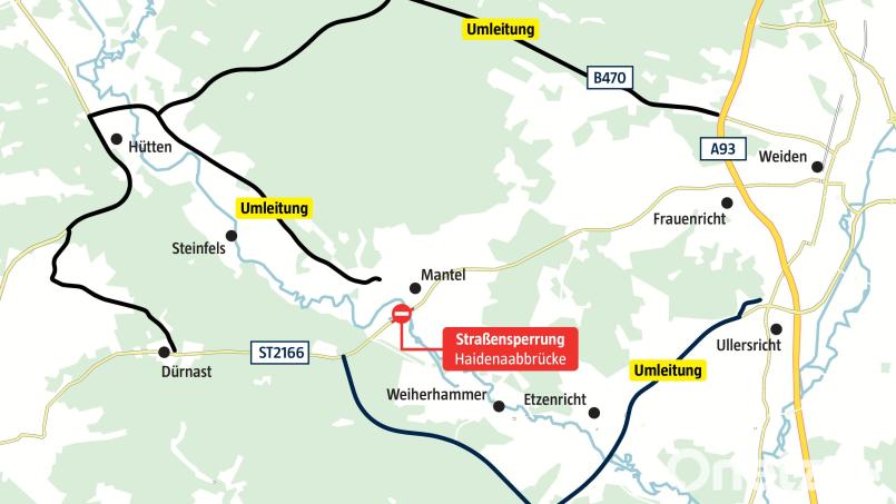 Rund um Mantel müssen Autofahrer in den nächsten sechs Wochen mit Umleitungen leben. Die Staatsstraße 2166 ist an der Haidenaab gesperrt. Grafik: Meier, Marco; Quelle: Staatliches Bauamt Amberg-Sulzbach