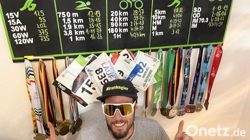 3,8 Kilometer Schwimmen, 180 Kilometer Radfahren, 42,3 Kilometer Laufen - und 500 Wurf Kegeln: Manuel Weiß versucht sich an der von ihm erfundenen Ironkegler-Challenge. Bild: Lisa Weiß