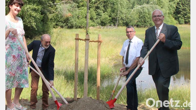 Beim Lohhäuser-Treffen 2022 wurde ein Gingko-Baum als Geschenk zum 85. Geburtstag von Karl Schneider auf dem ehemaligen Grundstück seiner Familie gepflanzt. Im Bild: (von links) Eva Prochazkova, Karl Schneider, Franz Schöner und Klaus Maier. Bild: wg
