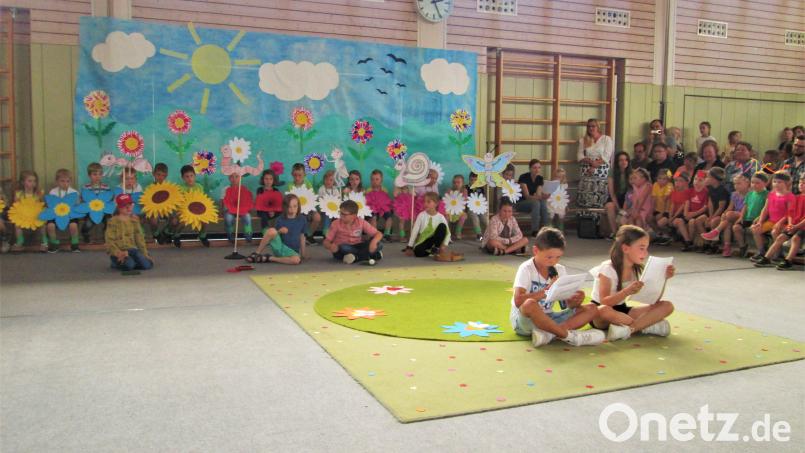 Für ihr Sommerfest hatten die Mädchen und Buben des Kinderhauses aus der Mehrzweckhalle eine bunte Blumenwiese gemacht. Bild: Gemeinde Kastl bei Kemnath/exb
