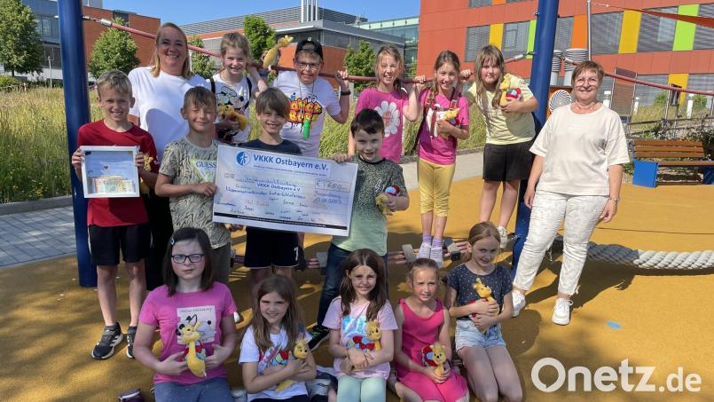 Die Kommunionkinder der Pfarrei Luhe bei der Spendenübergabe an den Verein zur Förderung krebskranker und körperbehinderter Kinder Ostbayern e.V.. Bild: hme