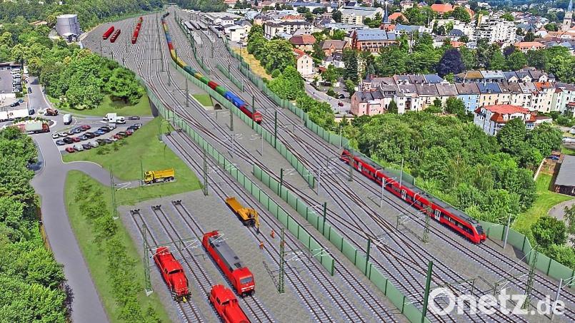 Der Bahnhof in Marktredwitz soll sich stark verändern. Die grünlichen Wände dienen dem Schallschutz. Bild: Visualisierung DB Netz AG