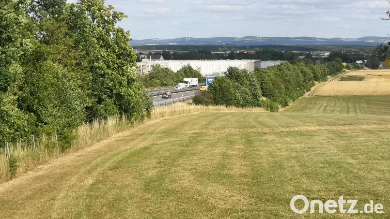 Auf dieser Fläche neben der A 93, nahe der Ausfahrt Mitterteich-Nord an der Ortsstraße nach Oberteich, soll ein Solarpark entstehen. Im Hintergrund zu sehen ist die Baustelle der neuen Schott-Logistikhalle. Bild: lnz