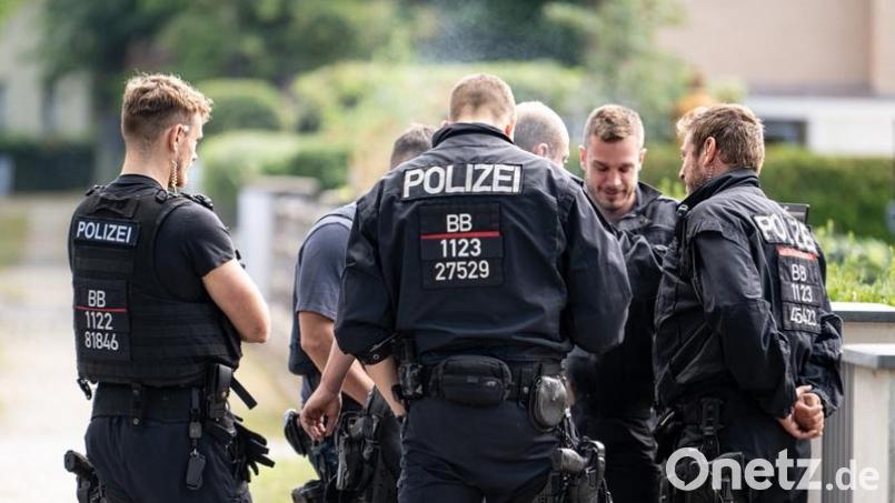 Polizisten koordinieren die Such in einem Wohngebiet in Teltow nach einem Wildtier. Bei einem in der Nacht entlaufenen Wildtier im Süden von Berlin könnte es sich nach Angaben der Polizei um eine Löwin handeln. Bild: Fabian Sommer