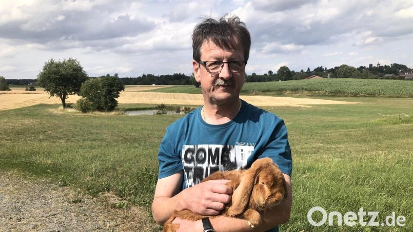 Kleintierzuchtverein-Vorsitzender Markus Stengl mit einem seiner Schützlinge, einem „Kleinwidder Rot&quot;. Bild: wro