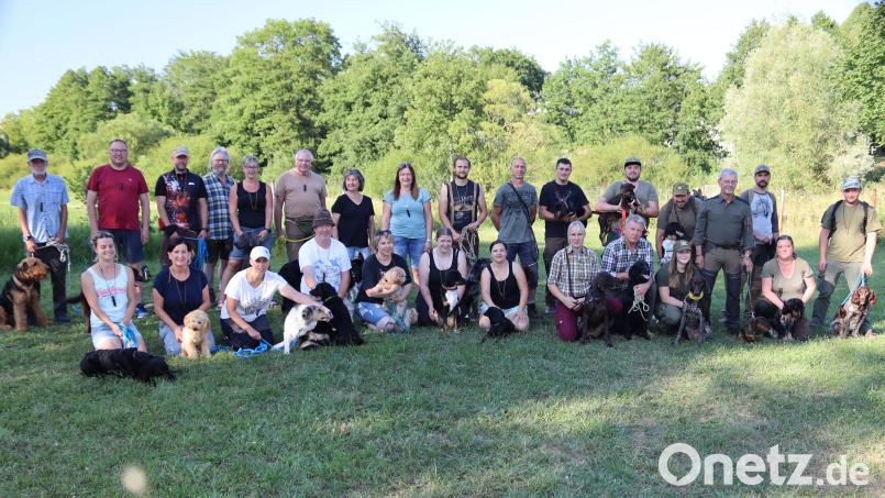 Die Teilnehmer des Jagd- und Begleithundekurses, abgehalten von der Kreisgruppe Amberg des Bayerischen Jagdverbandes. Ute Ehebauer (7. von links, hintere Reihe) und Reinhold Galli (hintere Reihe, 4. von links) hatten sich um die Ausbildung gekümmert. Bild: mrr