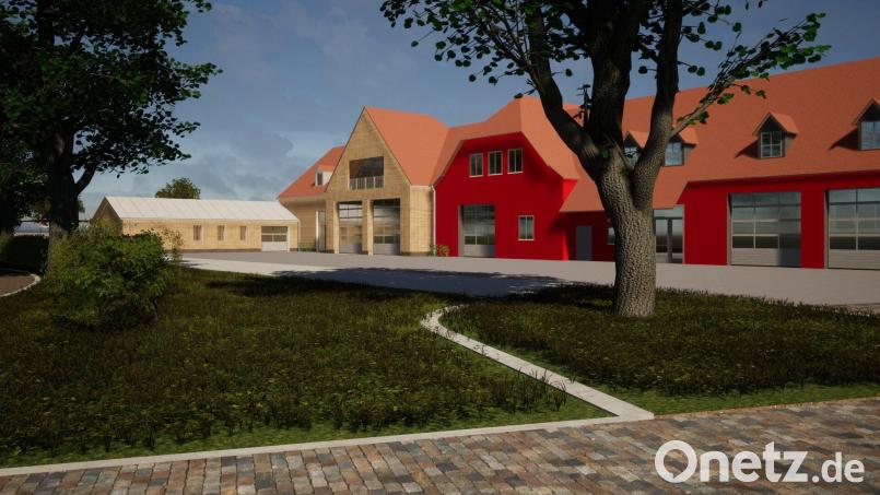 Die Frontansicht des Waldershofer Feuerwehrgerätehauses mit Anbau und Radl-Point. Grafik: Architekturbüro Kuchenreuther/exb