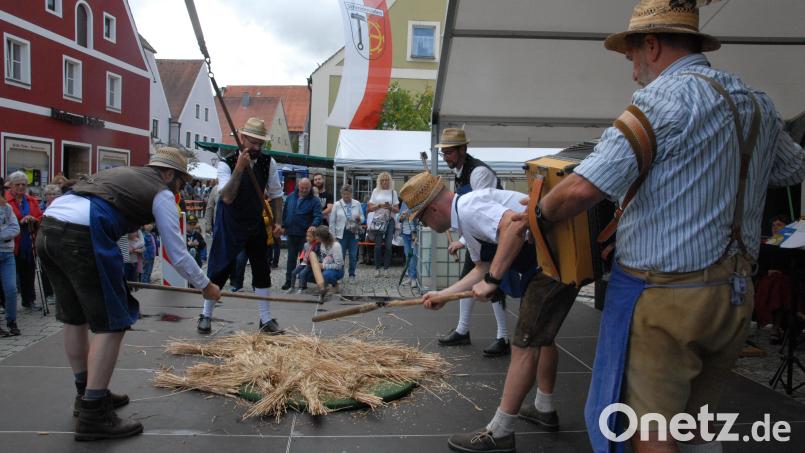 Die Drischldrescher in Aktion: Sie zeigten beim Marktfest in Schmidmühlen, was hinter ihrem Namen steckt. Bild: pop