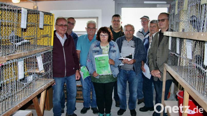 Die erfolgreichen Züchter nach der Siegerehrung (von links): Walter Deinzer, Reinhard Müller, Werner Meyer, Birgit Sperber, Bürgermeister Dieter Dehling, Hans Liebel, Jürgen Speigl, Hermann Renner und Vorsitzender Joachim Hagen. Bild: ds