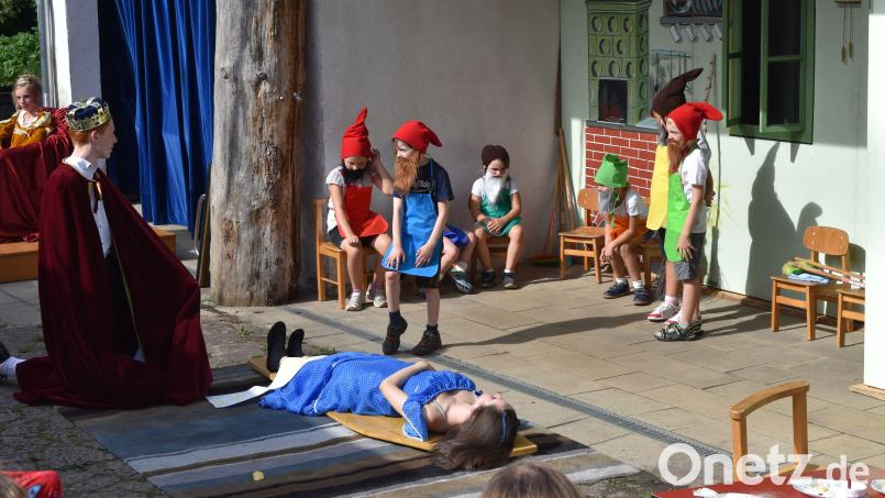 Die Kleinsten der Freihunger Theatergruppe erhalten für ihr Spiel viel Applaus (von links): Lena Eglmeier (Königin), Jonas Eglmeier (Prinz), Anna Pamler (Schneewittchen), Leonhard Koppmann (Zwerg, stehend links), Felix Eglmeier und Anaya Müller (Zwerge, stehend rechts), Marie Lederer, Charlotte Pinky, Franziska Bauer (Zwerge, sitzend von links nach rechts). Bild: Daniela Dehling/exb