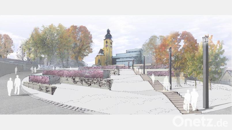 Das Perspektivbild des Planungsbüros lässt die Zufahrt zur Kirche von Zu den Linden her, die Treppe zwischen Dorfplatz und Kirche als verbindendes Element, die Parkplätze auf den Terrassen mit Gabionen und oben den barrierefreien Zugang zu Kirche und Pfarrheim deutlich erkennen. Grafik: Planungsbüro W. Röth/exb