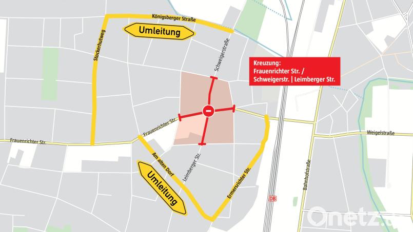 So wird der Verkehr umgeleitet, wenn Frauenrichter Straße und Zubringer blockiert sind. Grafik: Quelle: Stadt Weiden, Grafik: Marco Meier, Oberpfalz-Medien