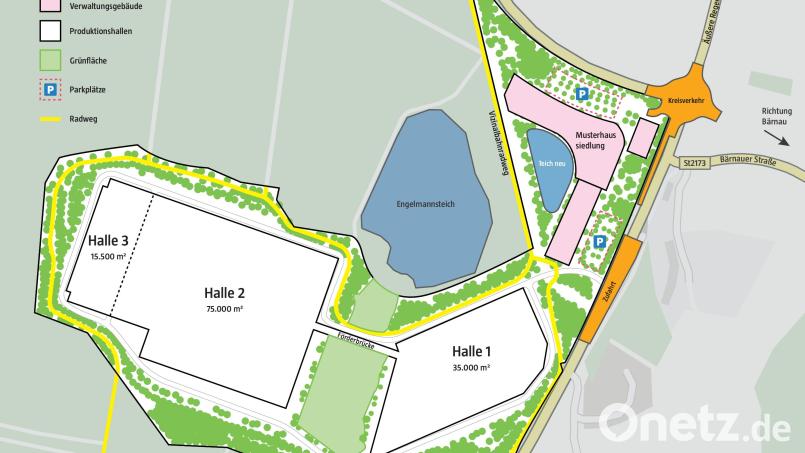 So soll das künftige Industriegebiet mit dem Holz-Kompetenz-Zentrum im Süden von Tirschenreuth aussehen. Der Bebauungsplan Bild: Architekturbüro NRT/Grafik: Oberpfalzmedien Laura Fröhler