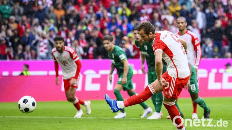 Harry Kane trifft per Handelfmeter zum 2:0 für die Bayern. Bild: Tom Weller/dpa