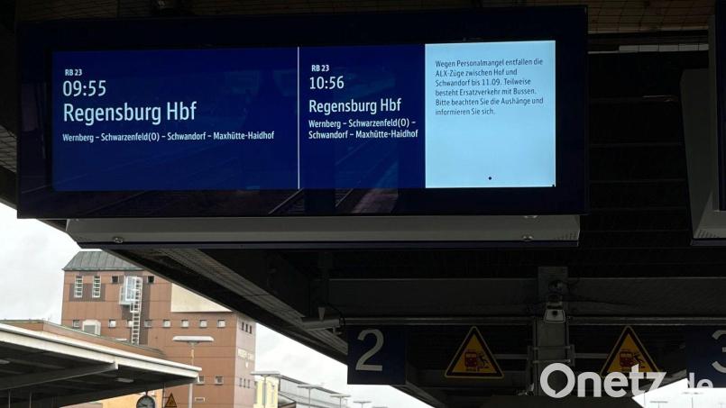 Hier fährt derzeit kein &quot;Alex&quot; auf weißem Grund werden Bahnkunden hier in Weiden an den Bahnsteigen informiert, dass der RE2 derzeit nicht fährt. Bild: Gründel