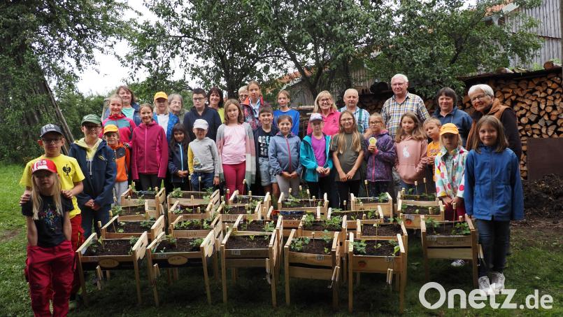 Die Teilnehmer am Ferienprogramm des OGV Erbendorf freuten sich über das Ergebnis: Die tragbaren Hochbeete haben sie mit verschiedenen Pflanzen bestückt. Bild: Obst- und Gartenbauverein Erbendorf/exb