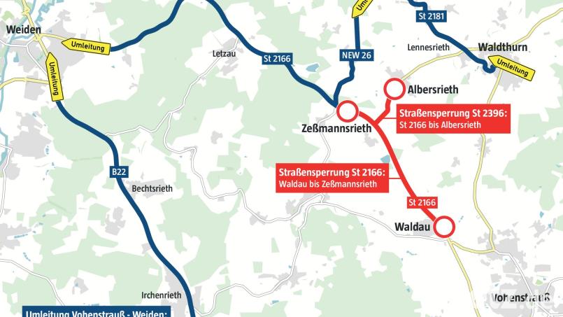 Zwischen Weiden und Vohenstrauß gelten ab Montag Umleitungen. Grafik: Gube, Marina; Quelle: Staatliches Bauamt Amberg-Sulzbach