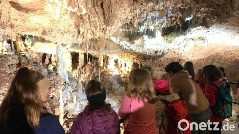 Beeindruckt zeigten sich die Kinder in der König-Otto-Höhle von den Tropfsteinen, die sich am Boden, an den Wänden oder an der Decke gebildet haben. Bild: no