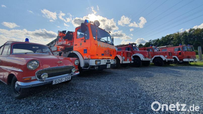 Der Fuhrpark der Historischen Feuerwehr Windischeschenbach, aufgereiht auf dem Hof von Josef Bauer. Bild: Lowak