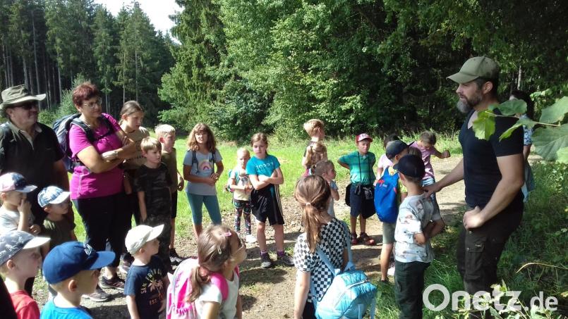 Die Kinder auf Entdeckungstour quer durch den Wald mit Jäger Sven Förster (rechts) und Otto Uhl (links). Bild: Brigitte Fütterer/exb
