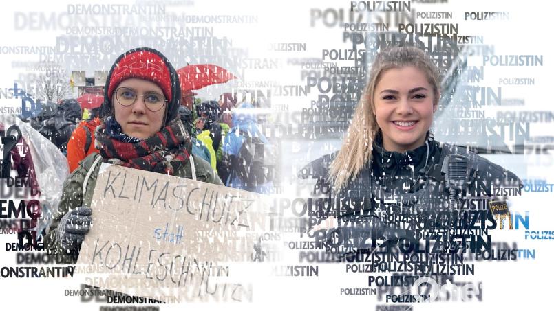 Die beiden junge Frauen waren in Lützerath vor Ort: Ronja Künkler als Demonstrantin, Milena Leidl als Polizistin.
Bilder: Ronja Künkler; Bereitschaftspolizei Nürnberg, Grafik: Romy Maderer Grafik: Maderer, Romy