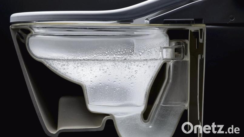 Die Technik in der Toilette von Toto sprüht vor der Nutzung einen feinen Wassernebel in das WC-Becken und feuchtet die Keramik an. So bleibt Schmutz schlechter haften. Bild: Franziska Gabbert/dpa