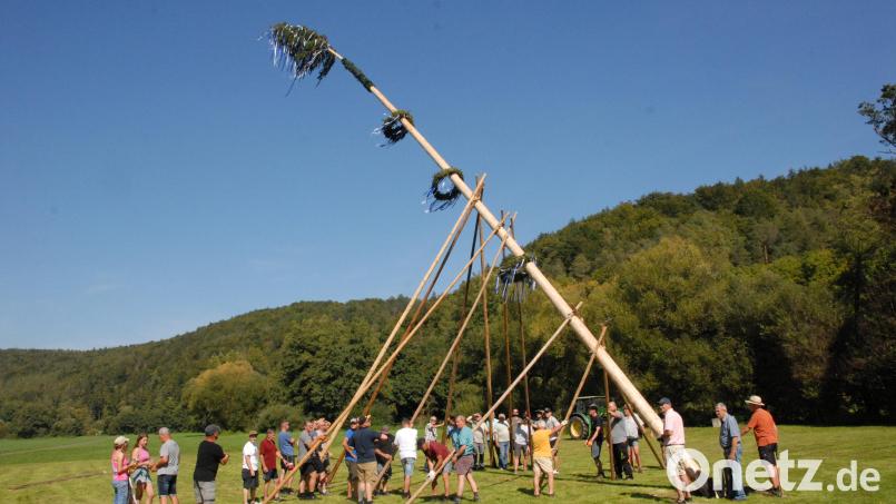 Mit Muskelkraft wurde der Kirwabaum in Emhof in die Höhe gehievt. Bild: pop