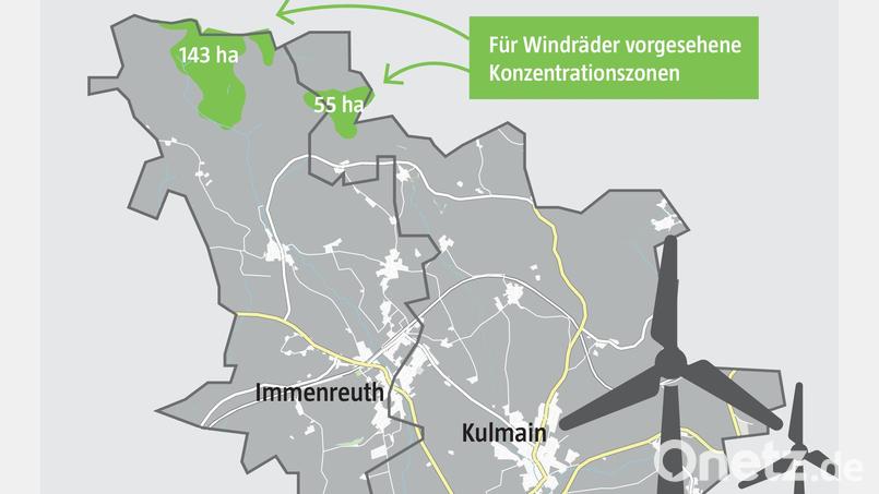 Zwei Areale mit einer Gesamtfläche von 198 Hektar sieht der Teilflächennutzungsplan für den Bau von Windrädern vor. Grafik: Laura Fröhler