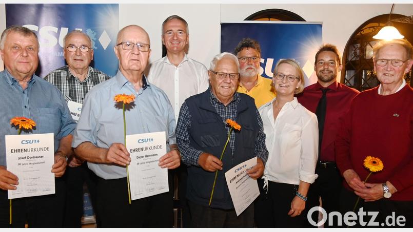 Ehrung langjähriger Mitglieder im CSU-Ortsverband Dreifaltigkeit. Von links: Josef Donhauser, Heiner Horschelt, Dieter Hermann, Harald Schwartz, Andreas Bahle, Heinz-Jürgen Jansen, Susanne Herding, Matthias Schöberl und Erhard Ruhmannseder. Bild: gf
