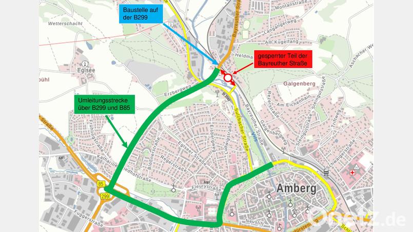 Die Umleitung der inneren Bayreuther Straße erfolgt vom Amberger Zentrum über die B 85 bis zur B 299 (Auffahrt am sogenannten „Amberger Schmetterling“) und von dort zurück zur „äußeren“ Bayreuther Straße. Bild: Staatliches Bauamt Amberg-Sulzbach/exb