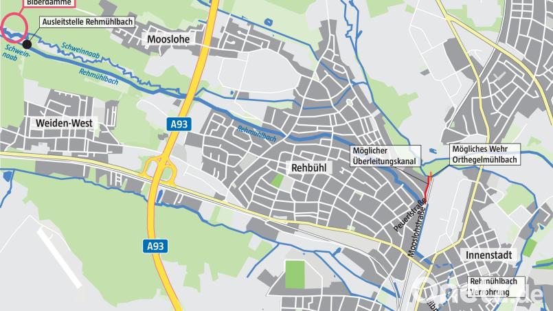 Auf rund viereinhalb Kilometern Länge verläuft der Rehmühlbach vom Wald im Stadtwesten in die Innenstadt. Ein Vorschlag, seinen Zustand zu verbessern, wird zurzeit am intensivsten diskutiert. Demnach würde er an der Ecke Moosloh-/Peuerlstraße abgezwickt und in den Orthegelmühlbach umgeleitet. Grafik: Oberpfalz-Medien, Laura Fröhler; Quelle: Zwick-Ingenieure