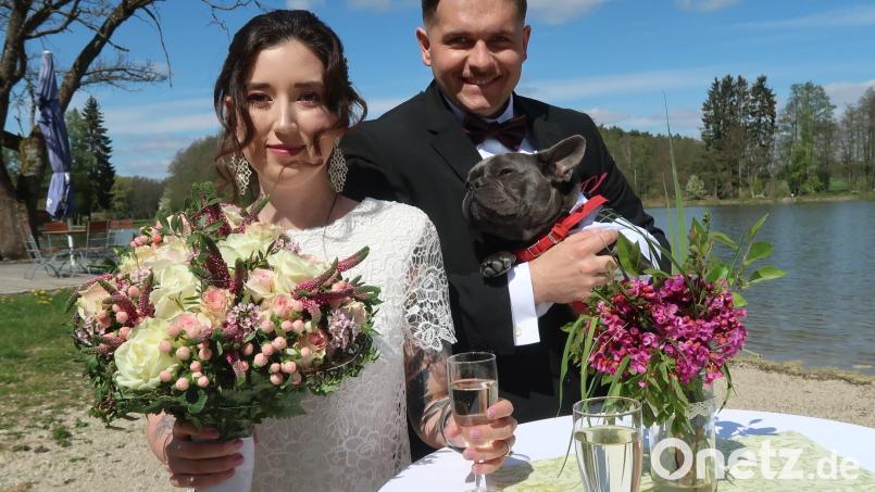 Eine einsame Hochzeit ohne Gäste in Zeiten der Corona-Krise feierten Sarah und Ryan Longnecker in Weiden mit &quot;Barclay&quot;, der französischen Bulldogge. Bild: Kunz