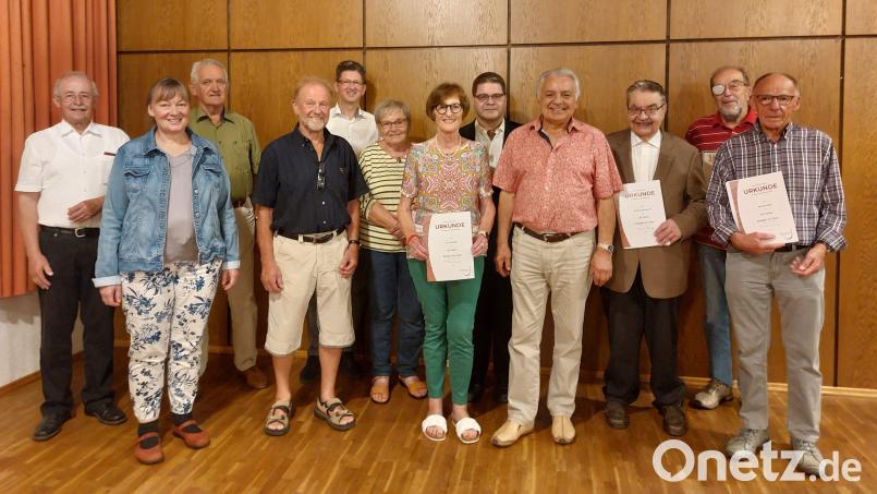 Geehrte und Gäste beim MGV 1884 Auerbach: (von links) Gerhard Bauer (Sängergruppe Pegnitzstrand), Birgit Meyer, Heiner Bodendörfer (Sängerkreis Hersbruck), Peter Pickert, Klaus-Dieter Scholtes, Maximiliane Ditz, Iris Zambelli, Matthias Rausch, Vorsitzender Hans Steger, Wolfgang Rausch, das neue Ehrenmitglied Georg Büttner und Alfred Felser. Bild:  MGV 1884 Auerbach/exb